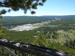 Old Faithful and Upper Geyser Basin from Mystic Falls Overlook