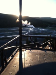 Early morning view of Old Faithful from the Old Inn's observation roof